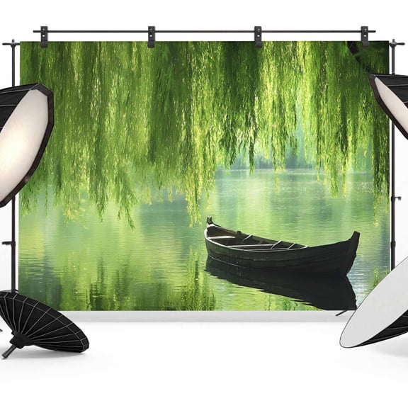 Willow Whispering Leaves Photography Backdrop 7x5FT, Green Lake Boat Plant Photo Backdrops, Background for Photography Studio Photo Studio Background, Back Drop for Photoshoot