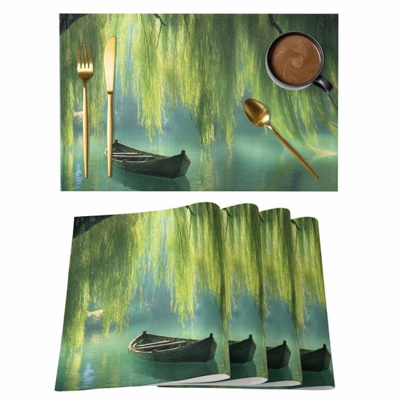 Willow Whispering Leaves Placemats Set of 1, Boat Green Lake Plant Non-Slip Place Mats Washable Table Mats for Kitchen Dining Table Decorations Indoor/Outdoor
