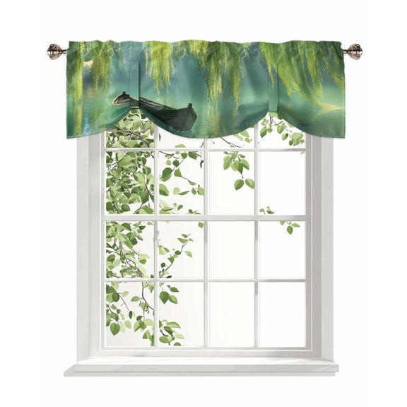 Willow Whispering Leaves Tie Up Valances Curtain, Adjustable Kitchen Boat Green Lake Plant Valances for Windows Decor, Rod Pocket Short Curtains Set for Bedroom/Bathroom, 42"x12"
