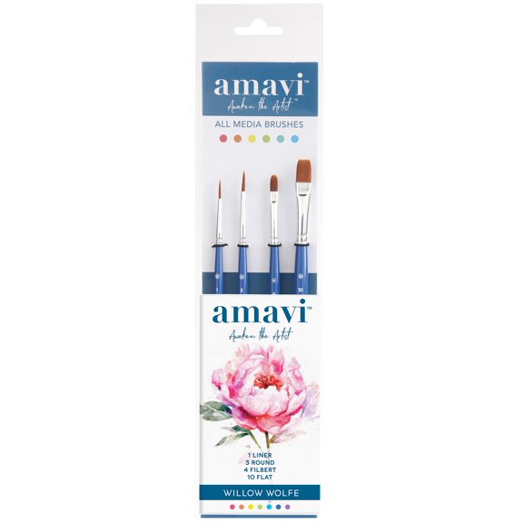 Willow Wolfe Amavi Artist Basic Shapes Brush Set-Liner, Round, Filbert, Flat