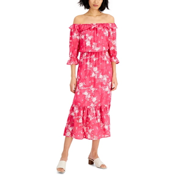 Willow Womens Metallic Drive Floral-Print Off-The-Shoulder Maxi Dress Fuchsia Floral L