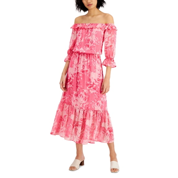 Willow Womens Metallic Drive Floral-Print Off-The-Shoulder Maxi Dress Pink Floral M