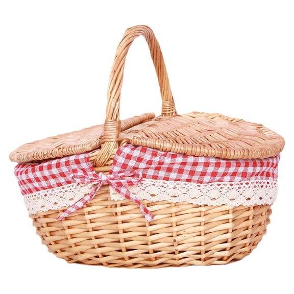 Willow Woven Wicker Picnic Basket With Handle Outdoor Capacity Fruit Food Basket Double-lid Oval Large Q1I2 Cont Storage Camping