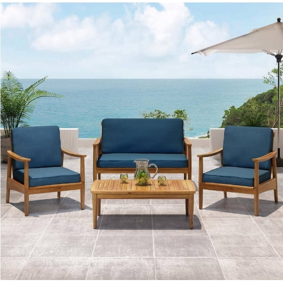 Willowbrook Teak Brown 4-Piece Wood Outdoor Patio Conversation Seating Set with Dark Teal Cushions