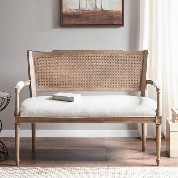 Willshire Natural Rattan Settee, Upholstered Seat - Charming Country Design, Rustic Reclaimed Wood Finish, Ratan Insert Backrest & Padded Arm Rest, 47.25" Wide Beige/Reclaimed Natural