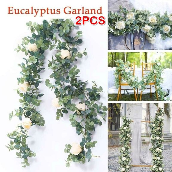 Willstar 1/2PCS 2 Colors 1.8M Artificial Eucalyptus Garland with Champagne Roses Greenery Garland Eucalyptus Leaves Wedding Backdrop Wall Decor (Eucalyptus Garland with Roses)