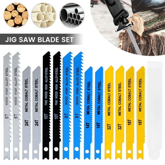 Willstar 14Pcs Universal Jigsaw Blades Set Wood Fine Cut Cuts Jigsaw Blades Kit Carbon Steel for Wood Plastic and Metal