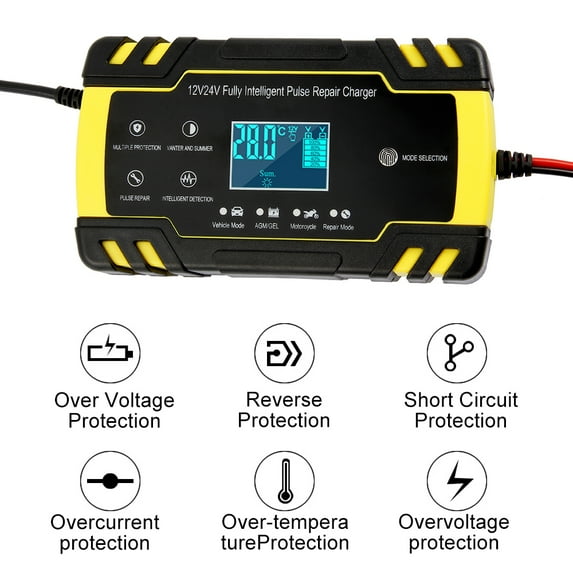Willstar 8Amp 12V/24V Automatic Smart Pulse Repair Motorcycle Car Battery Charger Starter Intelligent Overvoltage Protection Temperature Monitor
