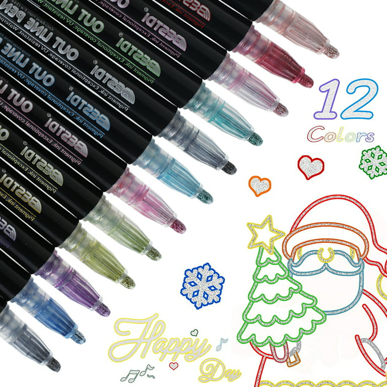 Willstar Double Line Outline Pens, 12 Colors Self-Outline Metallic Markers  Glitter Writing Drawing Pens for Christmas Card Writing, Birthday Greeting