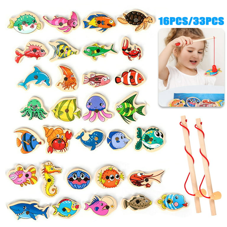 Willstar Magnetic Fishing Game Toys Set with Fish Rod Wooden Magnetic  Fishing Game Pool Toys Cartoon Marine Life Cognition Fish Rod Toys for Kids