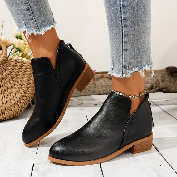 Willtoo Ankle Booties for Women Casual Dress Low Heeled Booties V Cut Fashion Thick Heel Design Shoes for Daily Wear