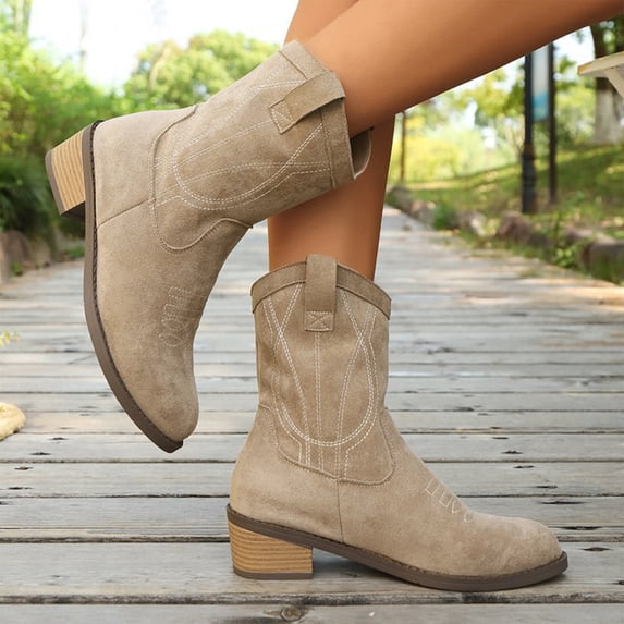 Willtoo Ankle Boots for Women Chunky Block Heel Retro Country Short Booties Rounde Toe Comfortable Soft Mid Calf Boots Stylish Fall Classic Western Wide Booties for Casual Party