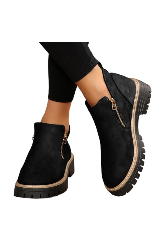 Ankle Boots for Women Low Heel Suede Platform Heeled Short Booties Chunky Heel Side Zipper Round Toe Lug Sole Fall Boots Non Slip Outdoor Walking Shoes Black