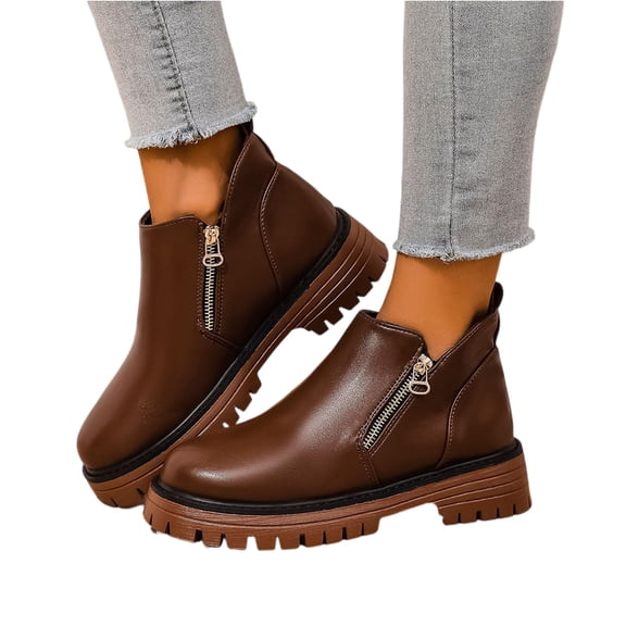 Willtoo Ankle Boots for Women Low Heel Suede Platform Heeled Short Booties Chunky Heel Side Zipper Round Toe Lug Sole Fall Boots Non Slip Outdoor Walking Shoes Brown