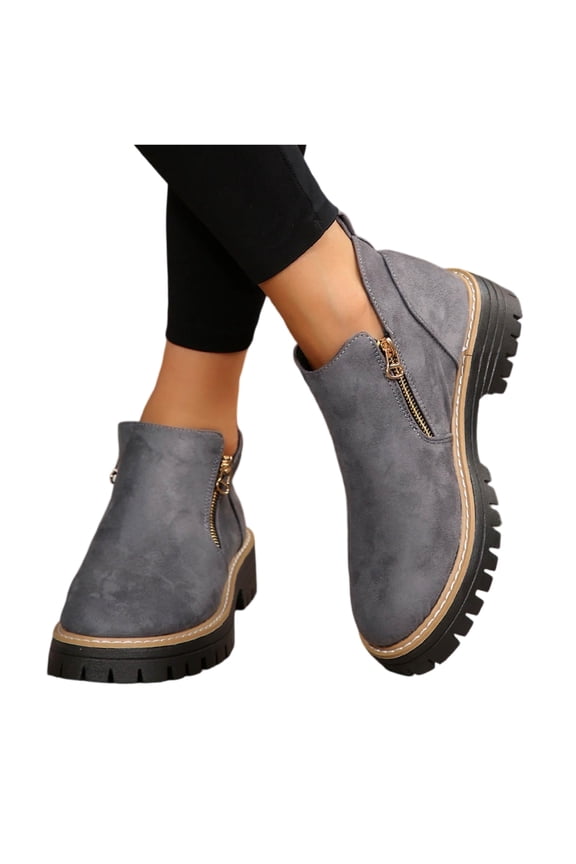 Ankle Boots for Women Low Heel Suede Platform Heeled Short Booties Chunky Heel Side Zipper Round Toe Lug Sole Fall Boots Non Slip Outdoor Walking Shoes Gray