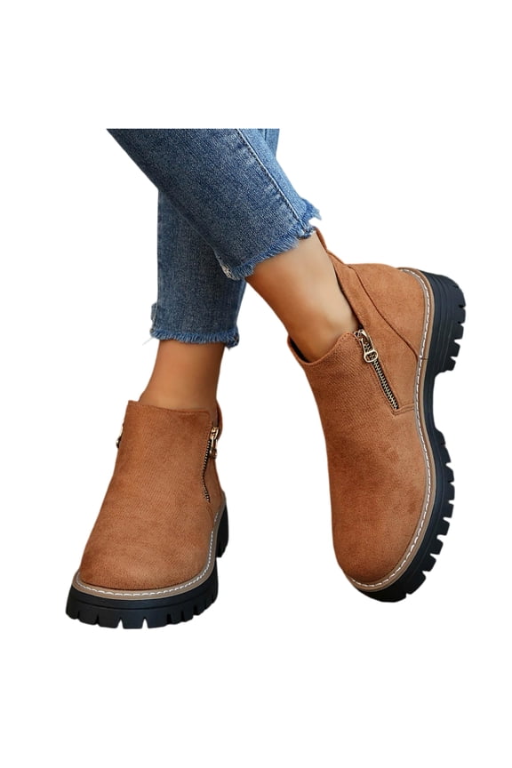 Ankle Boots for Women Low Heel Suede Platform Heeled Short Booties Chunky Heel Side Zipper Round Toe Lug Sole Fall Boots Non Slip Outdoor Walking Shoes Brown