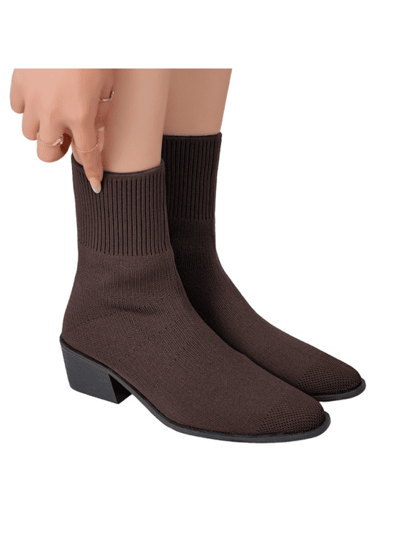 Ankle Boots for Women Dressy Comfy Knit Sock Booties Pointed Toe Chunky Heel Slip on Elastic Booties