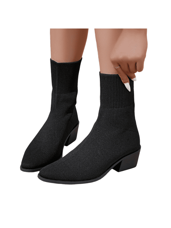 Ankle Boots for Women Dressy Comfy Knit Sock Booties Pointed Toe Chunky Heel Slip on Elastic Booties