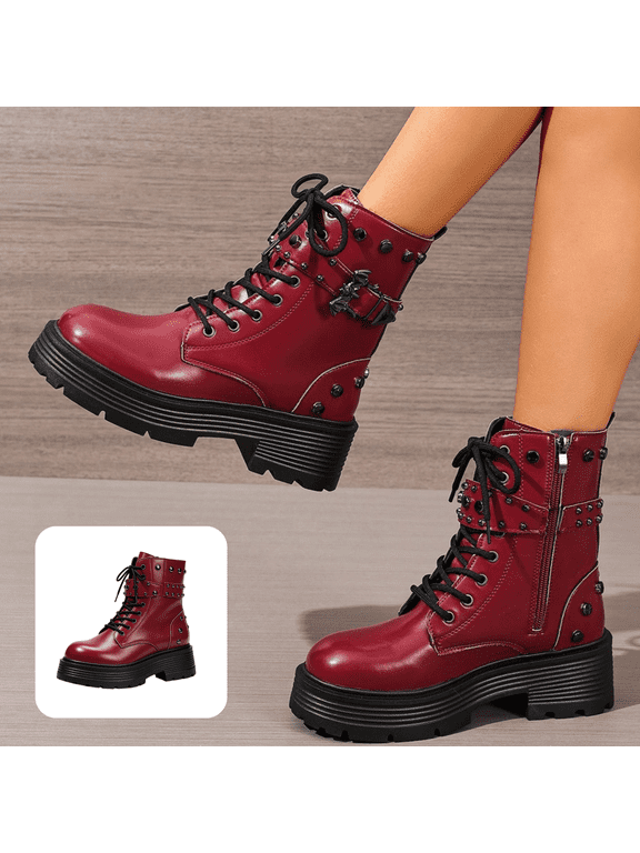 Ankle Boots for Women Fall Winter Platform Lace Up Buckle Stud Decor Booties Round Toe Side Zipper Chunky Sole Short Boots