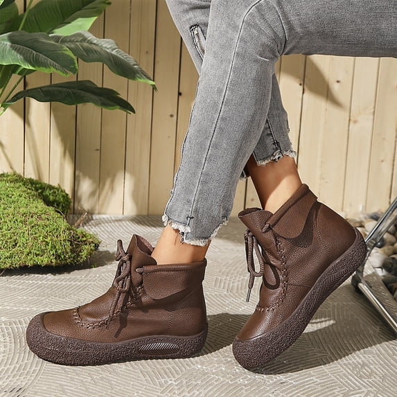 Willtoo Ankle Boots for Women Faux Leather Lace Up Platform Retro Boot Comfortable Wide Round Toe Slip On Shoes Soft Casual Walking Booties