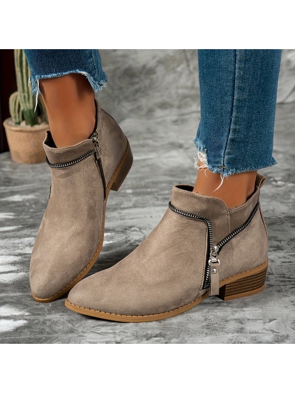 Ankle Boots for Women Low Chunky Heel Women's Ankle Boots with Side Zipper Comfortable Pointed Toe Slip On Short Western Fall Booties