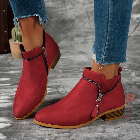 Willtoo Ankle Boots for Women Low Chunky Heel Women's Ankle Boots with Side Zipper Comfortable Pointed Toe Slip On Short Western Fall Booties