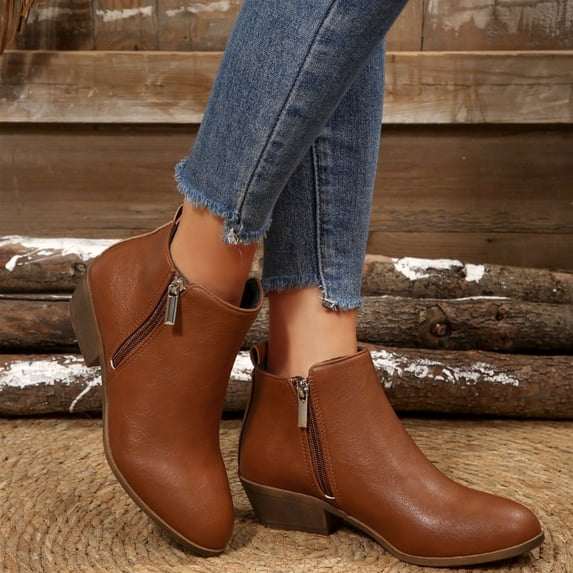 Willtoo Ankle Boots for Women Low Heel Pointed Toe Chunky Block Stacked Heel Boots with Side Zipper Faux Leather Short Booties