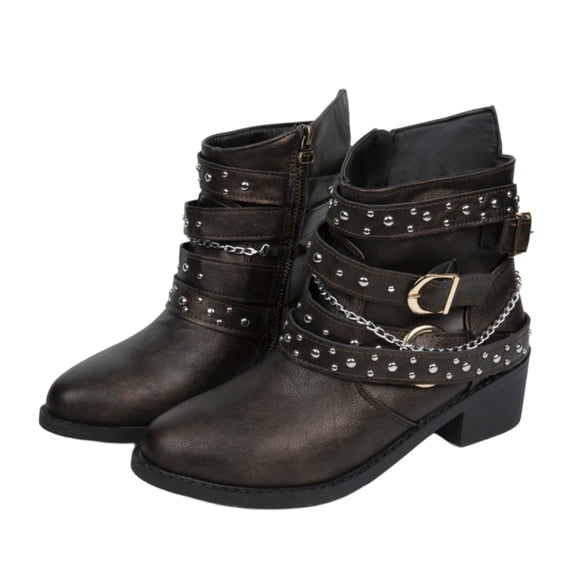 Willtoo Ankle Boots for Women Multi Buckle Faux Leather Fashion Short Boots, Round Toe Side Zipper Casual Footwear Chunky Heel Winter Walking Shoes