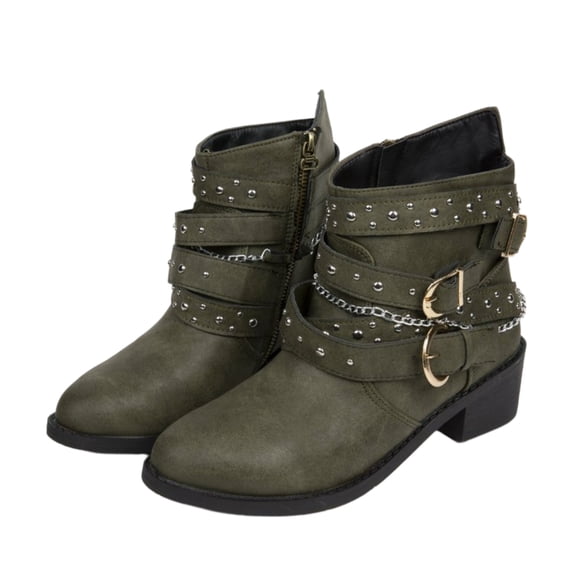 Willtoo Ankle Boots for Women Multi Buckle Faux Leather Fashion Short Boots, Round Toe Side Zipper Casual Footwear Chunky Heel Winter Walking Shoes