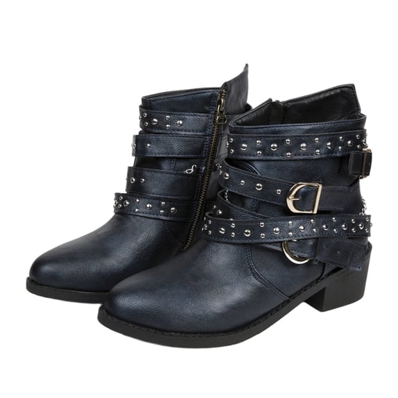 Willtoo Ankle Boots for Women Multi Buckle Faux Leather Fashion Short Boots, Round Toe Side Zipper Casual Footwear Chunky Heel Winter Walking Shoes