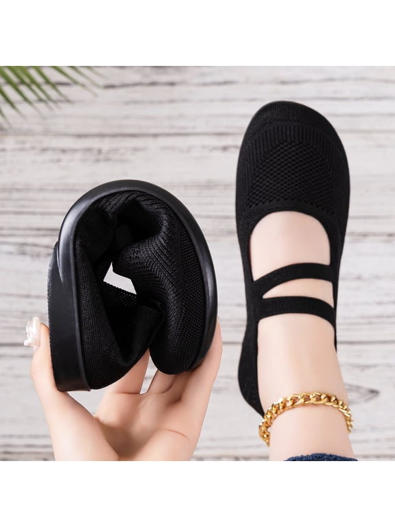 Ballet Flats Shoes for Women Foldable Round Toe Orthopedic Shoes Knit Fabric, Arch Support, Massage Bumps Insoles, Rubber Soles, Elastic Band, Comfortable Dressy Casual