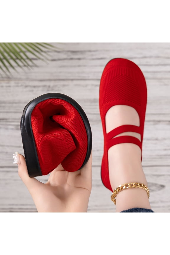 Ballet Flats Shoes for Women Foldable Round Toe Orthopedic Shoes Knit Fabric, Arch Support, Massage Bumps Insoles, Rubber Soles, Elastic Band, Comfortable Dressy Casual