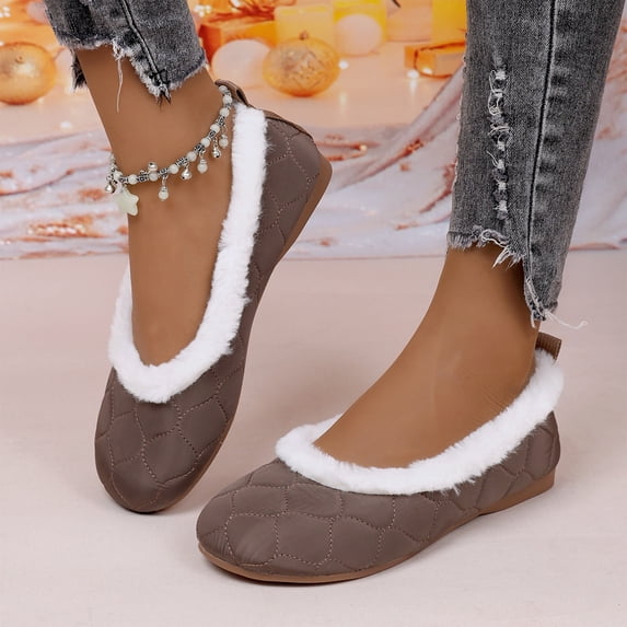 Willtoo Ballet Flats for Women Fuzzy Cute Plush Slip On Ballerina Slippers Faux Fur Round Toe Casual Shoes Cozy Indoor Outdoor House Shoes