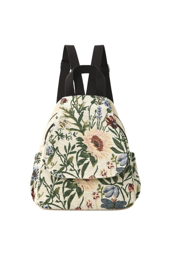 Boho and Bohemian Small Canvas Backpack Purse for Women - Adjustable Carry Sling Bag, Embroidered and Woven Tapestry Patterns Whimsical Design Sunflower