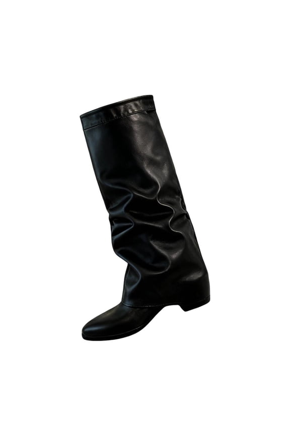 Boots for Women Knee High Fold Over Boots Wedge Heel Slouchy Tall Boot Zipper Pointed Toe Dress Fall Winter Long Boot for Women with Non Slip Sole Black