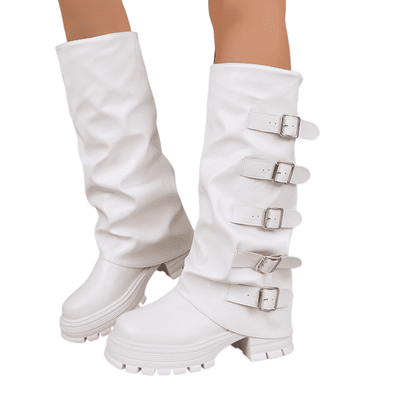 Willtoo Boots for Women Multi-Buckle Slouchy Mid Calf Platform Boots, Faux Leather Ruched Lug Sole Chunky Heel Walking Shoes, Round Toe Fashion Fall Winter Boots