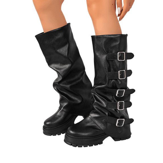 Willtoo Boots for Women Multi-Buckle Slouchy Mid Calf Platform Boots, Faux Leather Ruched Lug Sole Chunky Heel Walking Shoes, Round Toe Fashion Fall Winter Boots