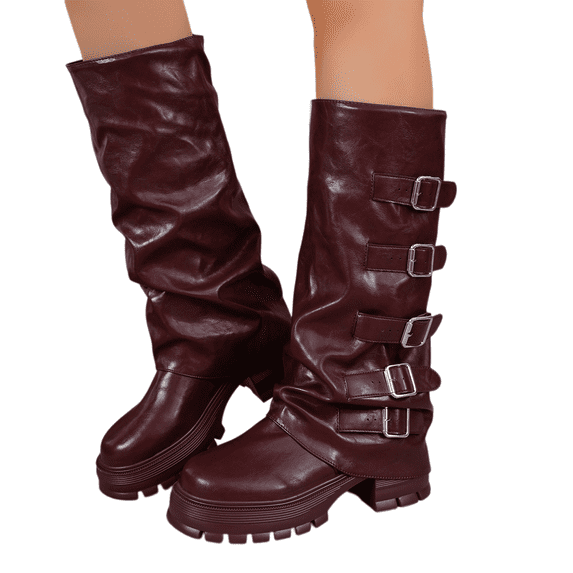 Willtoo Boots for Women Multi-Buckle Slouchy Mid Calf Platform Boots, Faux Leather Ruched Lug Sole Chunky Heel Walking Shoes, Round Toe Fashion Fall Winter Boots