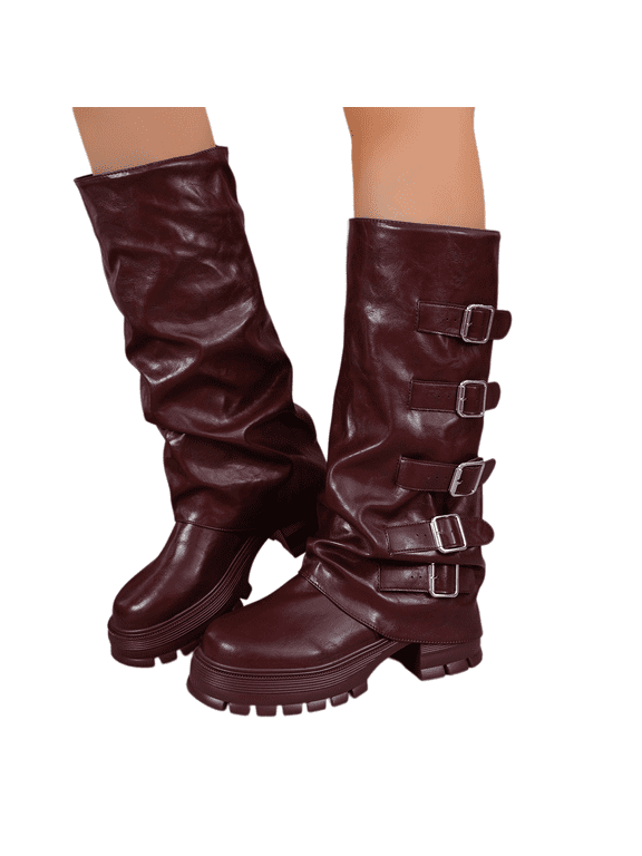 Boots for Women Multi-Buckle Slouchy Mid Calf Platform Boots, Faux Leather Ruched Lug Sole Chunky Heel Walking Shoes, Round Toe Fashion Fall Winter Boots