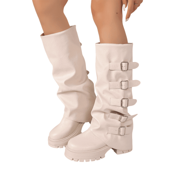Willtoo Boots for Women Multi-Buckle Slouchy Mid Calf Platform Boots, Faux Leather Ruched Lug Sole Chunky Heel Walking Shoes, Round Toe Fashion Fall Winter Boots