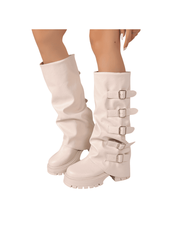 Boots for Women Multi-Buckle Slouchy Mid Calf Platform Boots, Faux Leather Ruched Lug Sole Chunky Heel Walking Shoes, Round Toe Fashion Fall Winter Boots