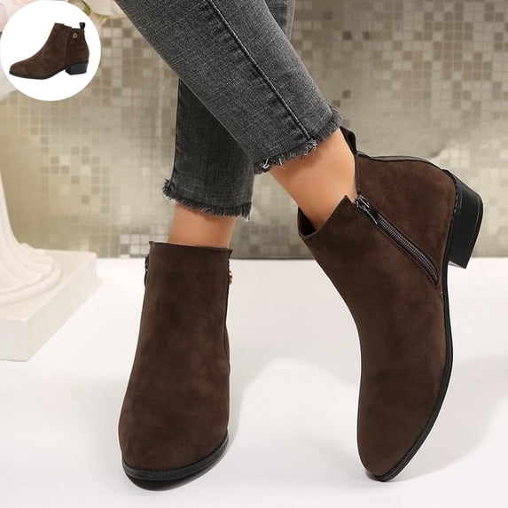 Willtoo Boots for Women Faux Suede Round Toe Ankle Booties, Metal Rose Decor Low Block Heel Short Boots, Side Zipper Comfort Fall Winter Shoes