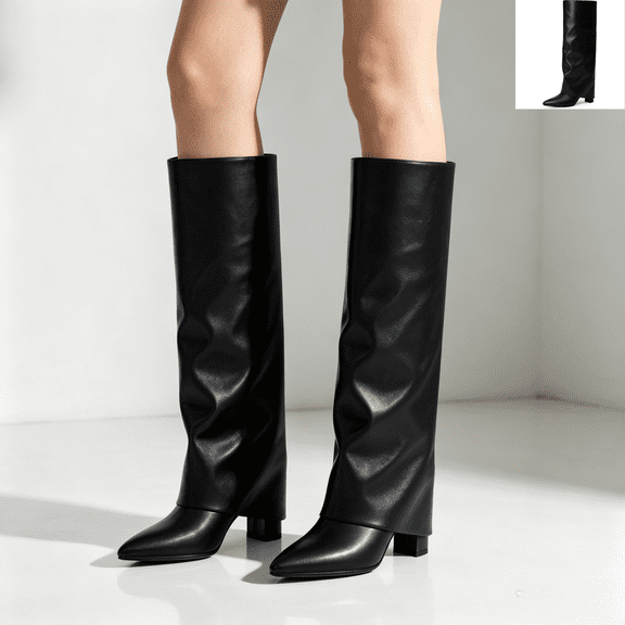 Willtoo Boots for Women Fold Over Knee High Boots, Pointed Toe Block Heel Pull On Tall Faux Leather Boots, Fashion Wide Calf Long Dress Shoes