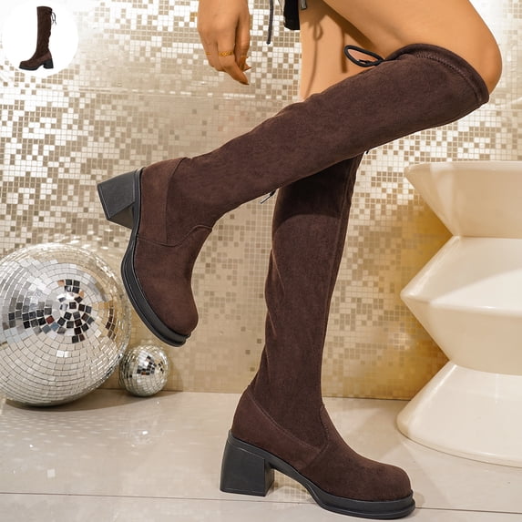 Willtoo Boots for Women Round Toe Knee High Boots, Faux Suede Back Drawstring Comfortable Tall Boots, Chunky Block Heel Platform Casual Dress Boots