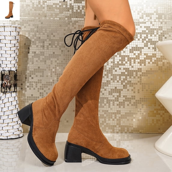 Willtoo Boots for Women Round Toe Knee High Boots, Faux Suede Back Drawstring Comfortable Tall Boots, Chunky Block Heel Platform Casual Dress Boots