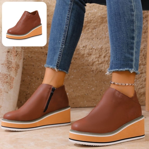 Willtoo Boots for Women Side‑Zipper Wedge Ankle Boots Thick Platform Elevated Booties Warm Winter Casual Outdoor Daily Shoes