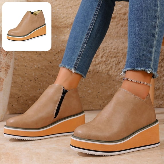 Willtoo Boots for Women Side‑Zipper Wedge Ankle Boots Thick Platform Elevated Booties Warm Winter Casual Outdoor Daily Shoes