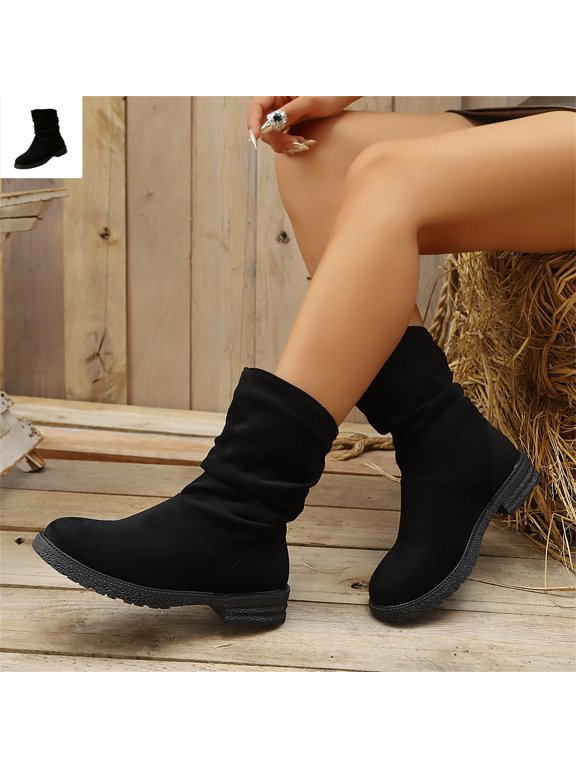 Boots for Women Slouch Mid Calf Boots, Ruched Round Toe Low Block Heel Fashion Shoes, Casual Non-Slip Pull On Winter Daily Wear Boots