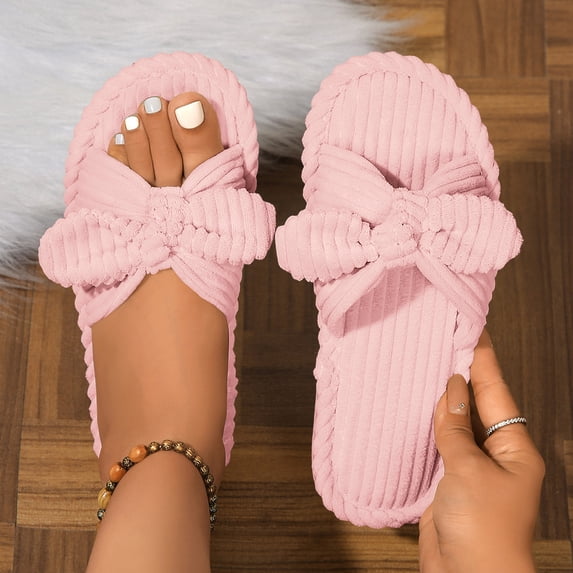 Willtoo Bow Knot Slippers Women Cute Corduroy Orthopedic Slipper House Slipper Comfy House Slides Open Toe Sandals Bedroom Shoes EVA Sole Cozy Indoor Outdoor Home Slipper