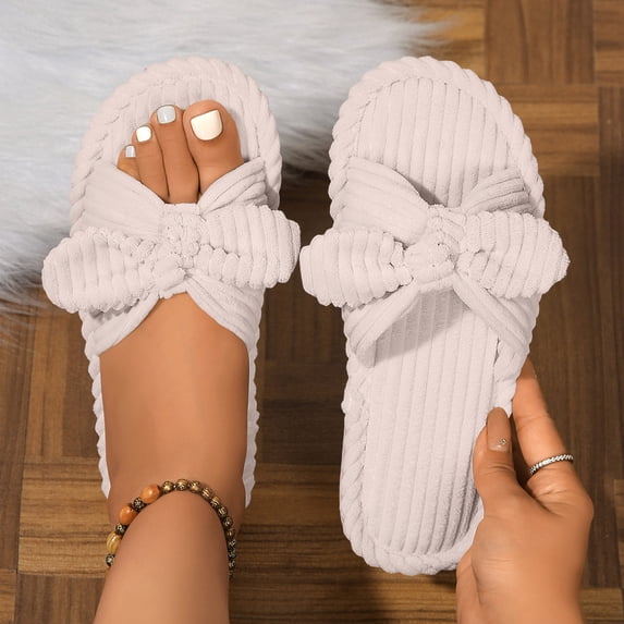 Willtoo Bow Knot Slippers Women Cute Corduroy Orthopedic Slipper House Slipper Comfy House Slides Open Toe Sandals Bedroom Shoes EVA Sole Cozy Indoor Outdoor Home Slipper